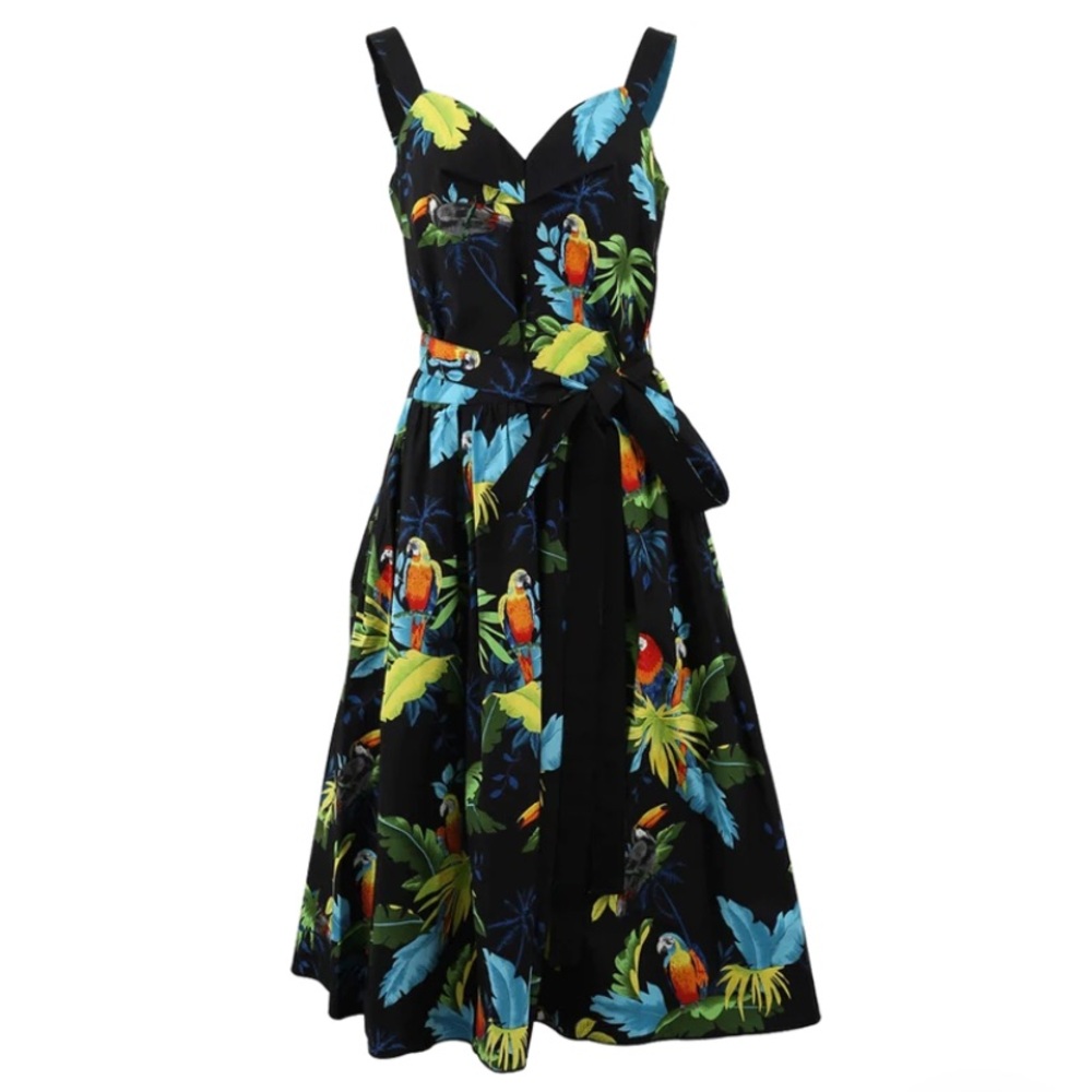 Marc Jacobs Ikram Floral Parrot tropical Print Black Sundress Tie Waist